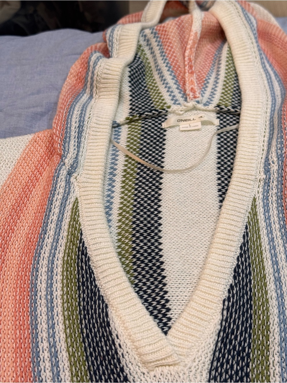 O'Neill Striped Hooded Beach Coverup in Coral, Navy & Cream - Picture 6 of 13